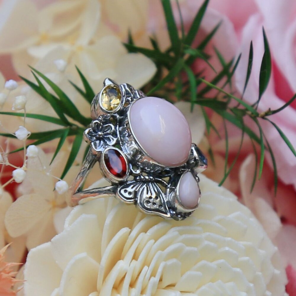 Bali Legacy ✦ Pink Opal & Multi Gemstone Ring ✦ 5.40ctw Sterling Silver Floral - Picture 4 of 16